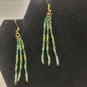 Hand Crafted Gold and Tiny Green Seed Bead Dangle Earrings